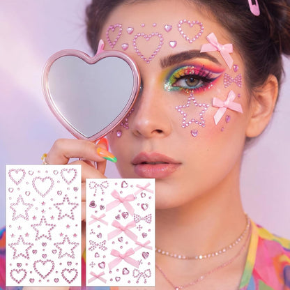 2 Sheets Pink Face Gems, Self-Adhesive Rhinestones for Makeup, Stick on Rhinestones Stickers Tattoos Makeup Gems for Women Face Hair Body Decoration