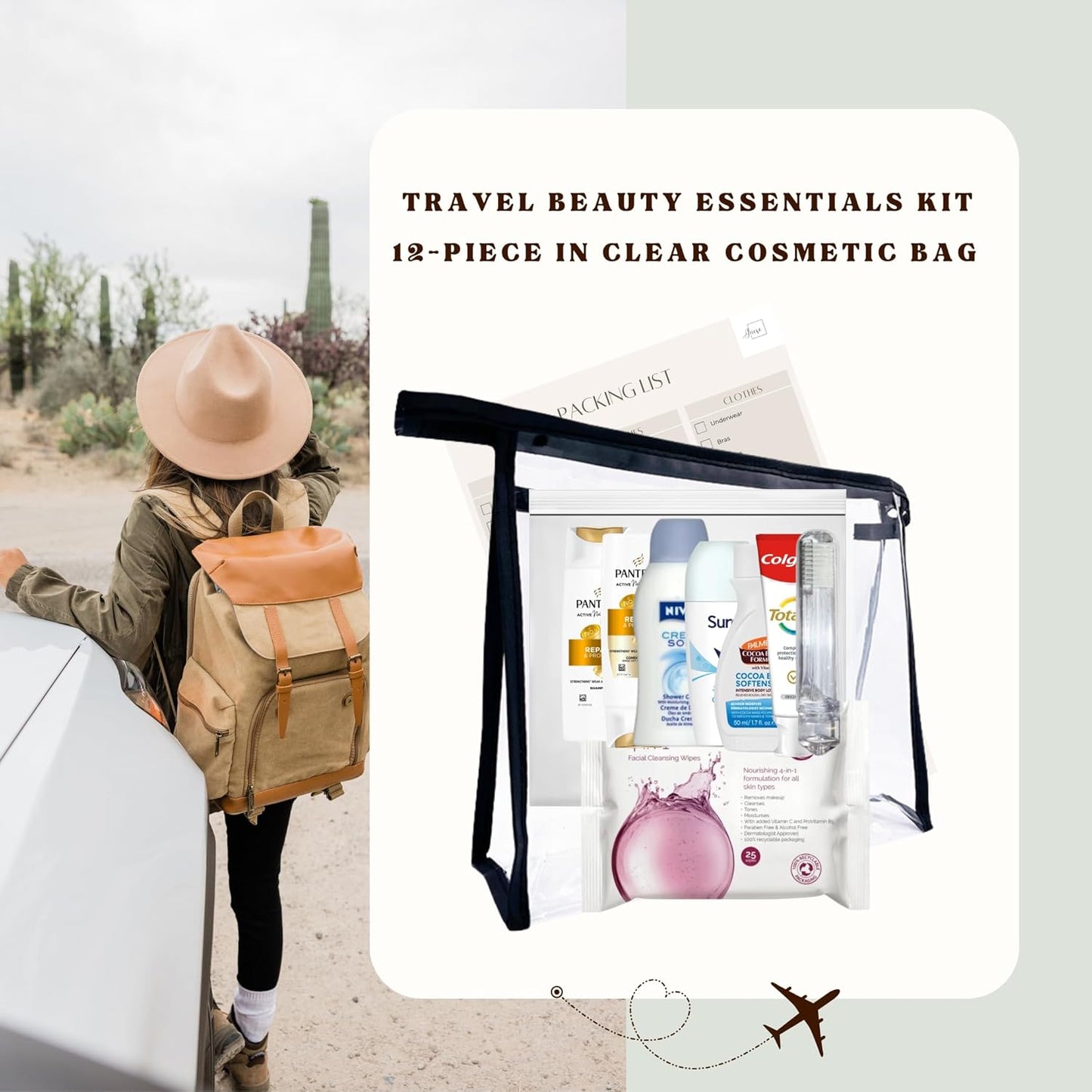 Women’s Mini Travel Toiletries Set – Travel Size Toiletries Under 100ml, Airport Security Approved Essentials with Clear Travel Bag for Holiday, Hospital, Maternity, Camping