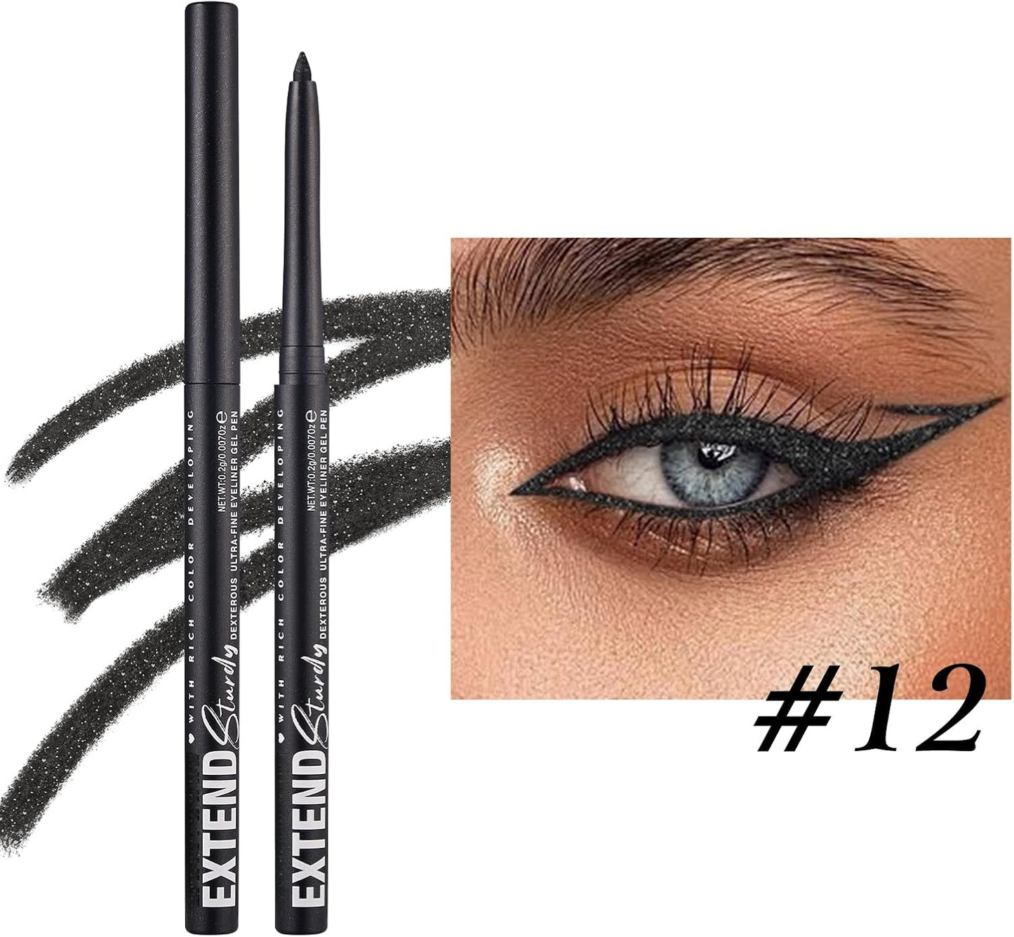 Waterproof Gel Black Eyeliner Pencil, Twist-Up Smudge-Proof Eye Liner with Fine Tip, Smooth Creamy Formula for Precise Shimmer Lines, for Waterline and Daily Makeup (12 Black)