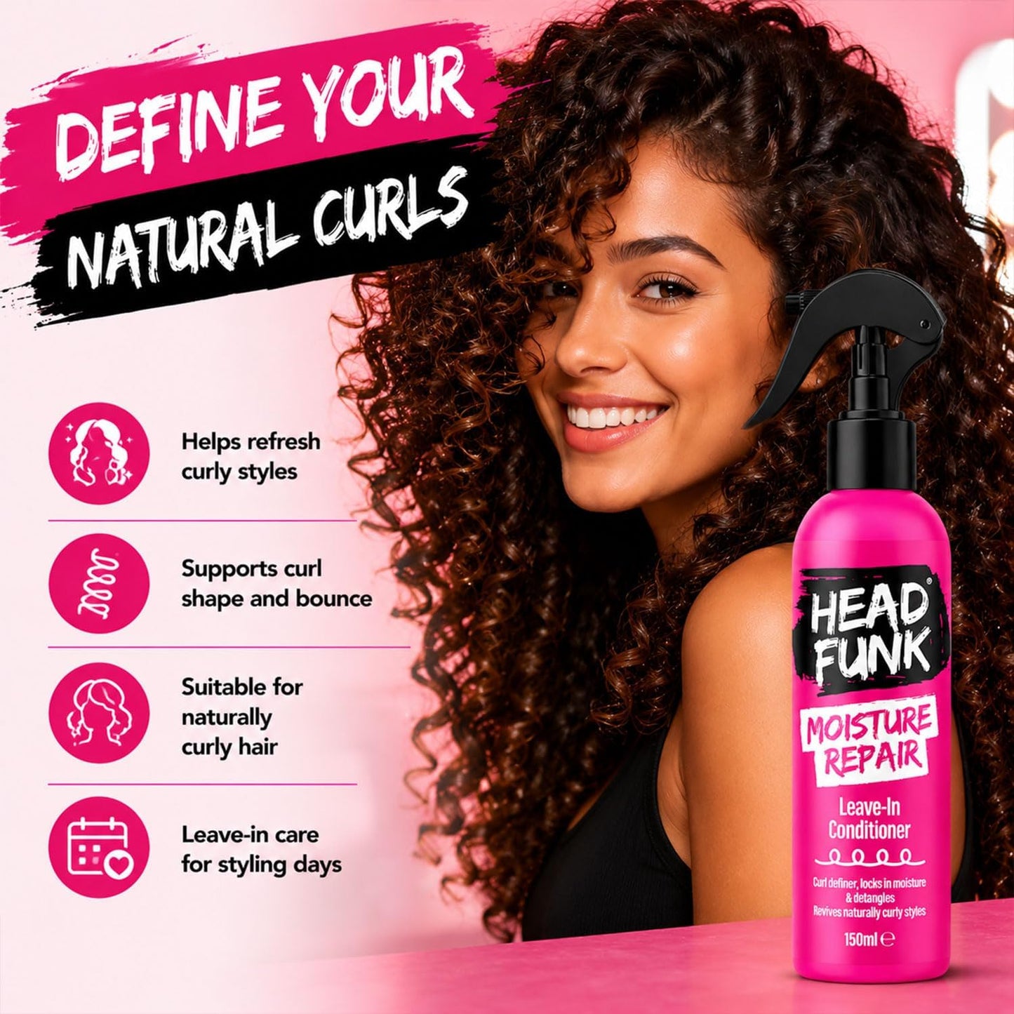 Head Funk Moisture Repair Spray Leave In Conditioner for Curly Hair 150ml (Pack of 2) – Curl Defining Hair Conditioner, Frizz Control, Deep Hydration, Detangles Knots, Leaves Curls Soft &amp; Smooth