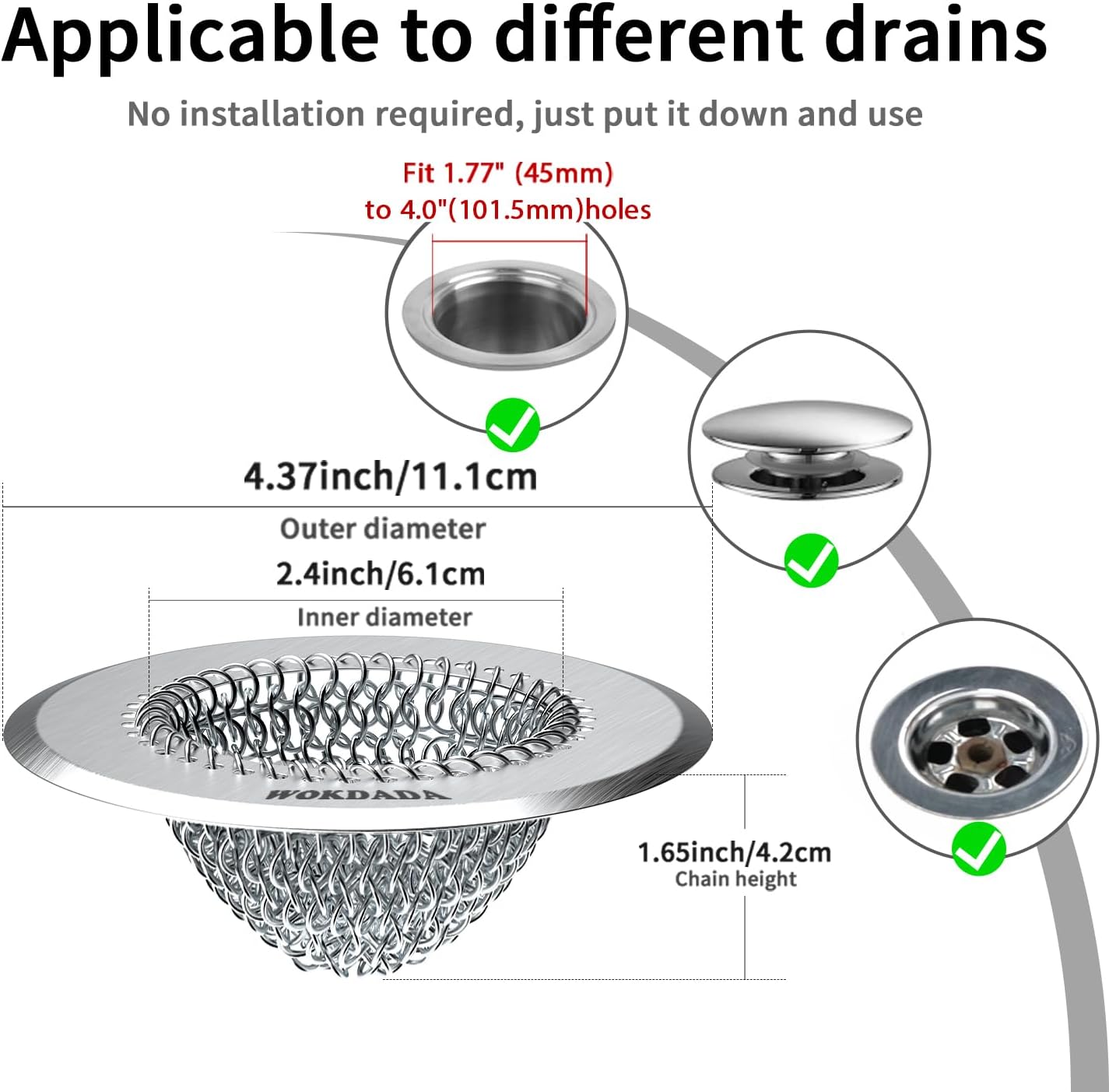 WOKDADA Shower Drain Cover, Fast Drainage Hair Catcher for Shower Drain, Reversible 304 Stainless Steel Drain Protector, Fits Shower, Bathtub, Pop-Up &amp; Regular Bathroom Drains(Patented Product)