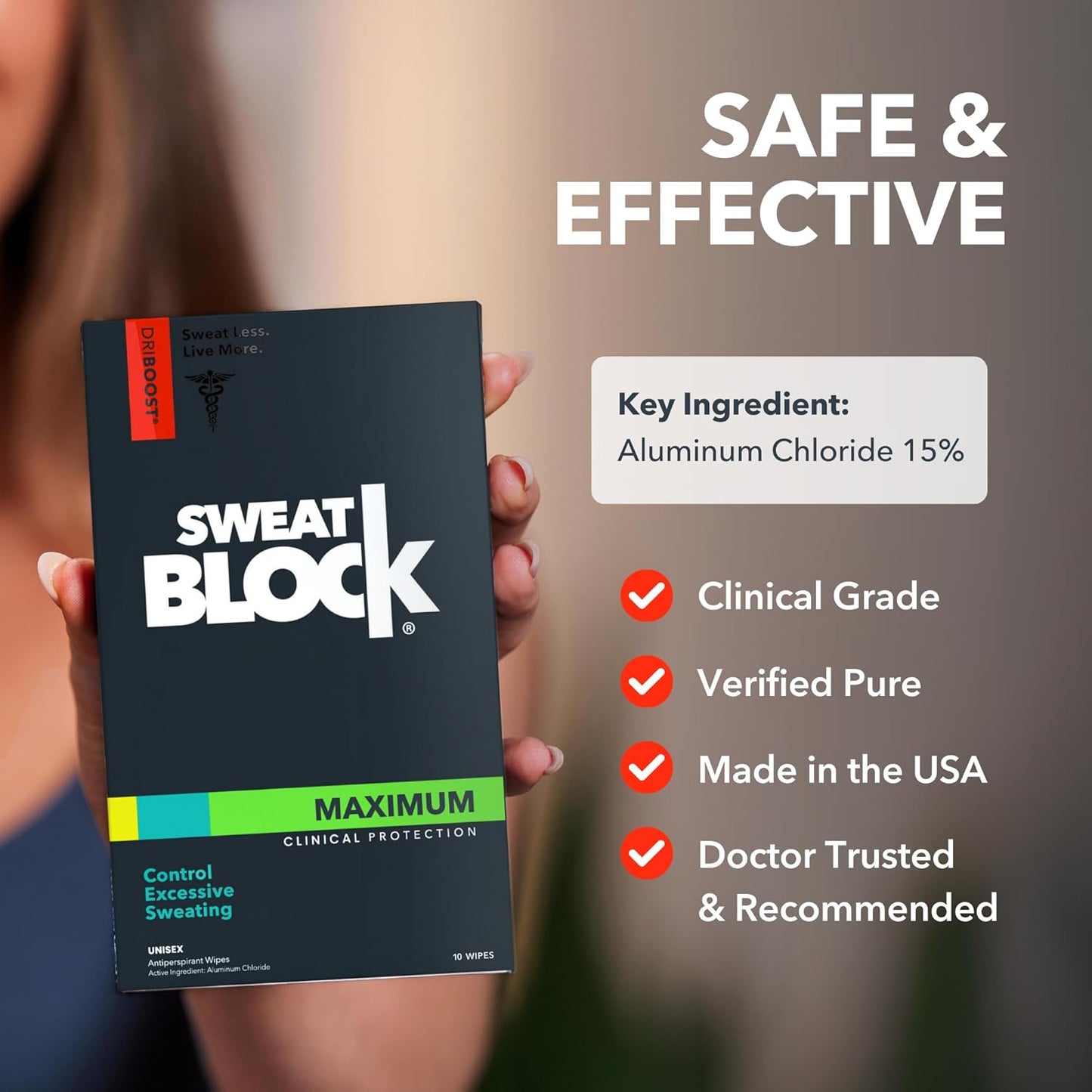 SweatBlock Clinical Strength Deodorant Antiperspirant Wipes - Treat Hyperhidrosis &amp; Excessive Sweat - Men Women &amp; Teens - 7 Days of Sweat Protection Per Wipe - Dermatologist Tested Unscented 10 ct