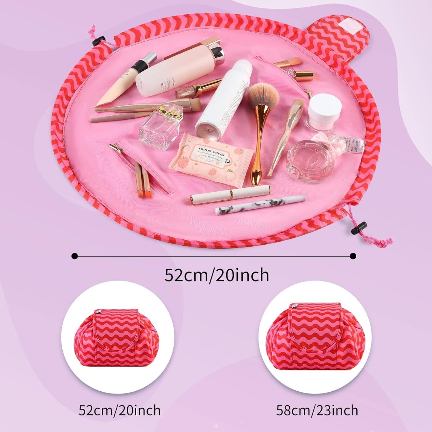 Lazy Drawstring Makeup Bags, Large Capacity Waterproof Travel Portable Cosmetic Bag Pouch Makeup Pouch Storage Organiser for Women Girl (Red Wave)