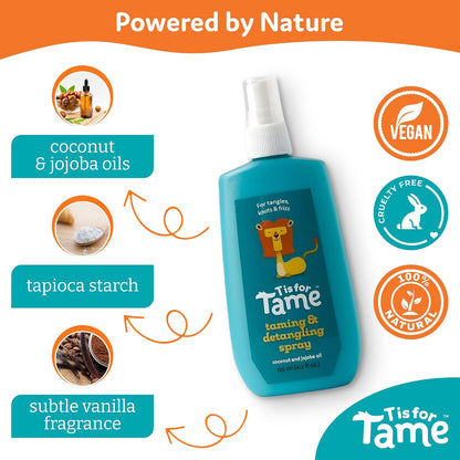 T is for Tame Detangler - Taming and Detangling Spray for Babies, Toddlers &amp; Kids – Effortlessly Untangles Knots, Calms Frizz &amp; Static for Smooth, Manageable Hair. 125mL