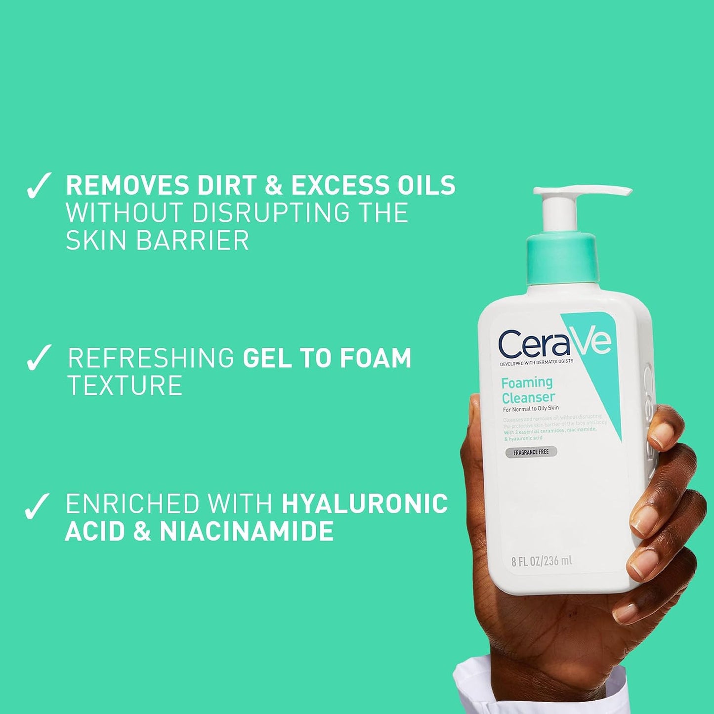 CeraVe Foaming Cleanser for Normal to Oily Skin with Niacinamide &amp; 3 Essential Ceramides, Developed with Dermatologists, Gently Cleanses &amp; Removes Excess Oil, Fragrance-Free