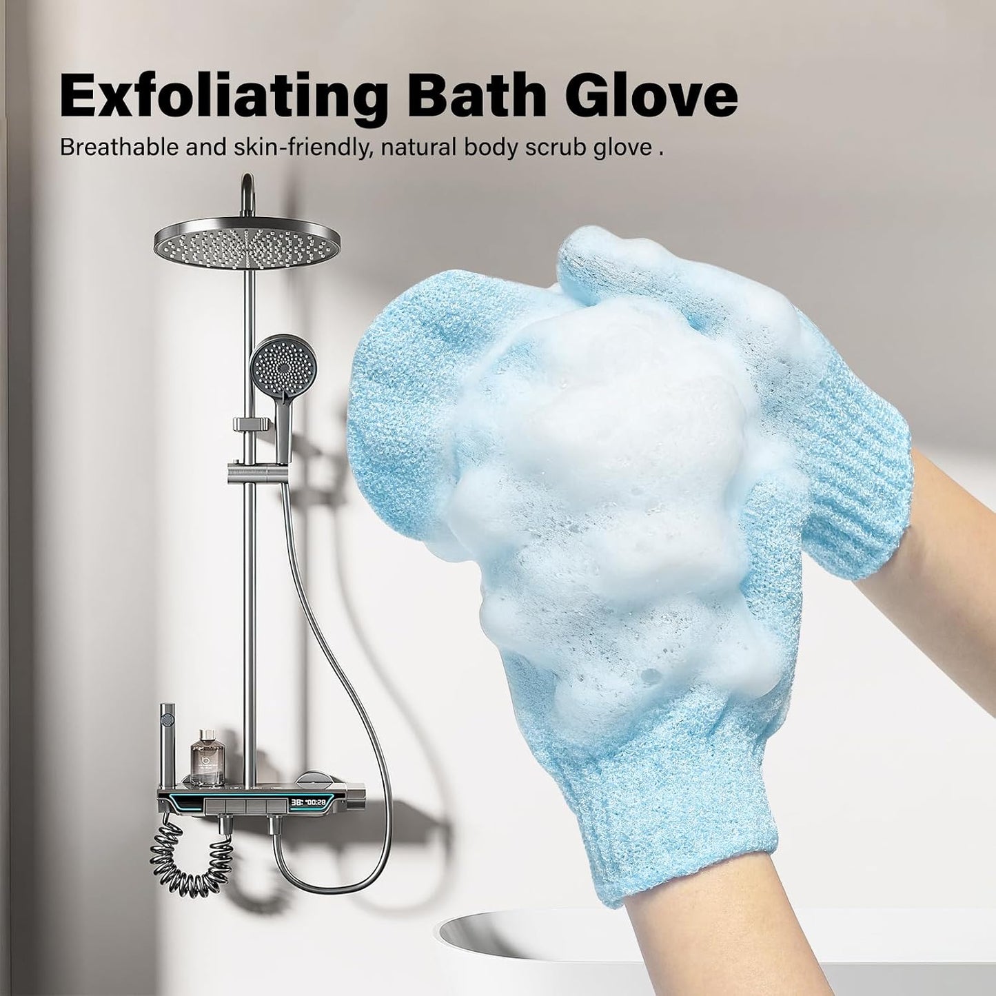 Exfoliating Gloves, 2pcs Bath and Body Exfoliator Mitts, Bamboo Shower Gloves, Scrubs Away Ingrown Hair and Dead Skin, for Shower, Spa, Massage and Dead Skin Cell Remover Loofah (Blue)