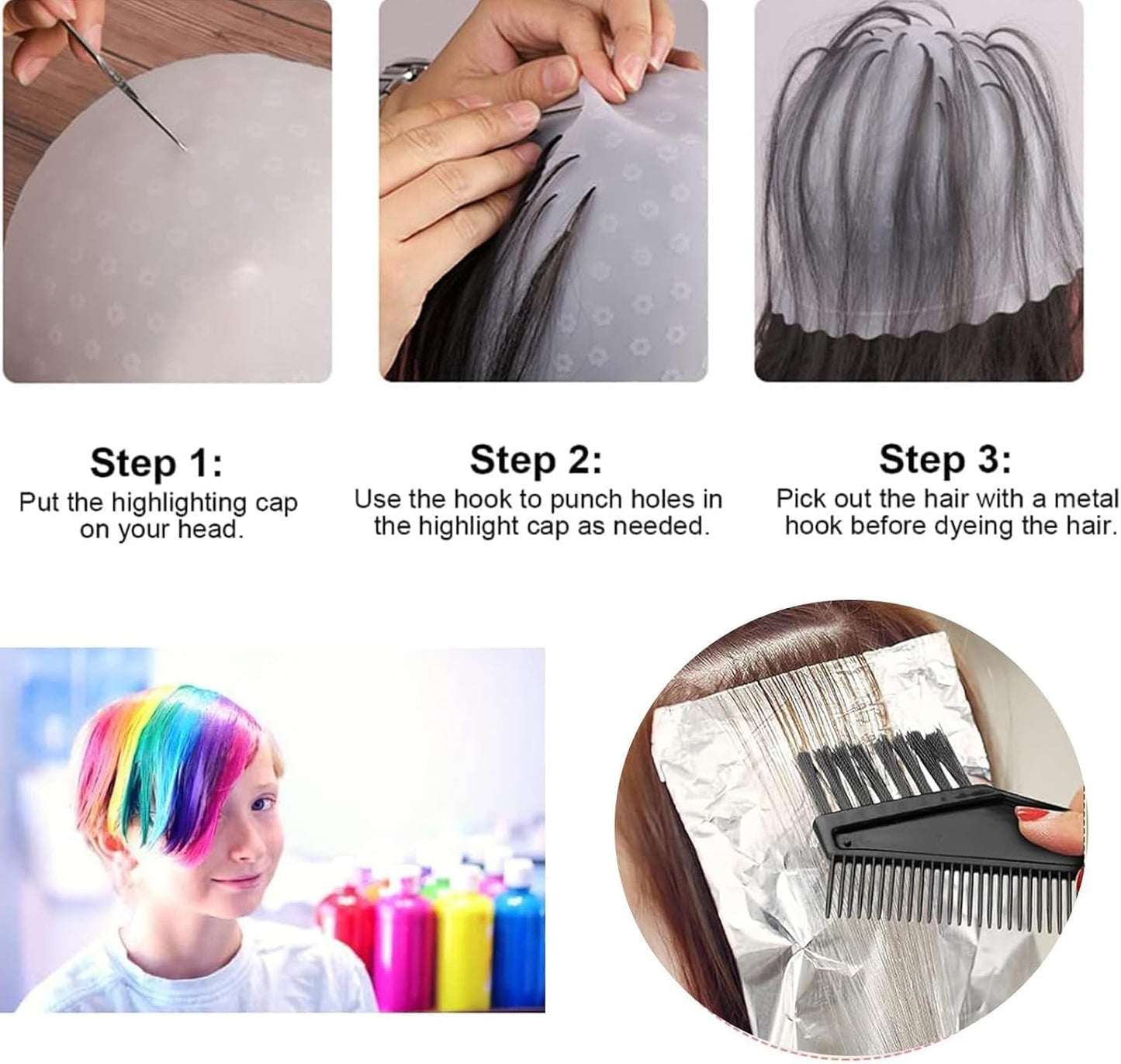 6Pcs Highlight Cap Kit, Silicone Highlight Hair Cap(Need to Punch Holes by Yourself), Folding Hair Dye Bowl with Hair Coloring Brushes and Needle, Highlighting Cap for Dyeing Hair Salon Home Use