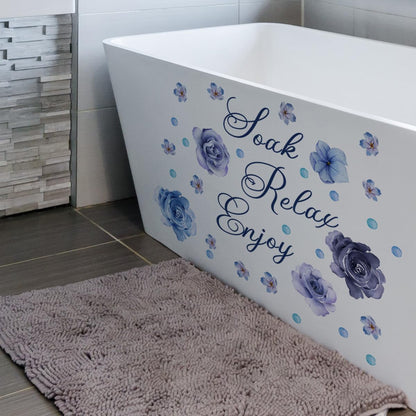 Soak Relax Enjoy Wall Sticker -Inspirational Quotes Decals, Waterproof Rose Flower Wall Art for Home Bathroom Decor 30 * 60 cm (Purple)