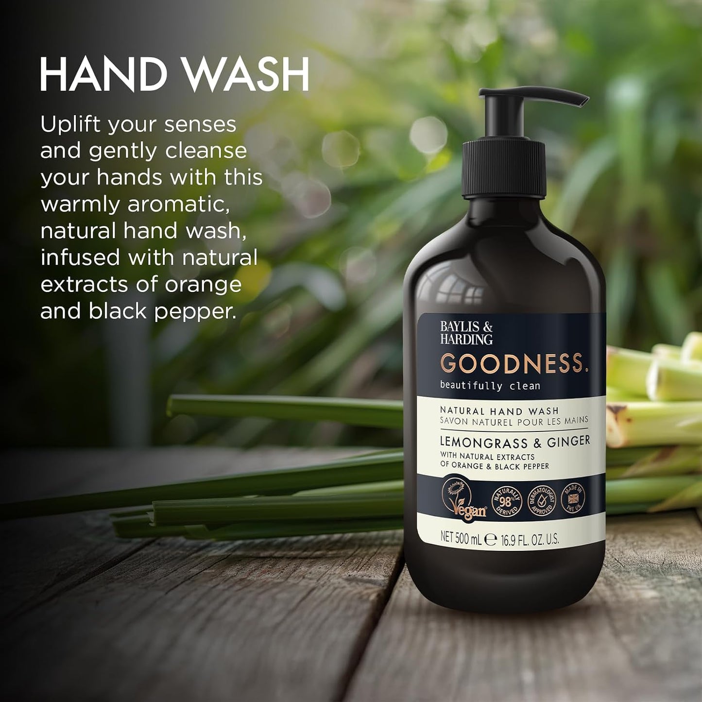 Baylis &amp; Harding Goodness Lemongrass &amp; Ginger Hand Wash, 500 ml (Pack of 3) - Vegan Friendly