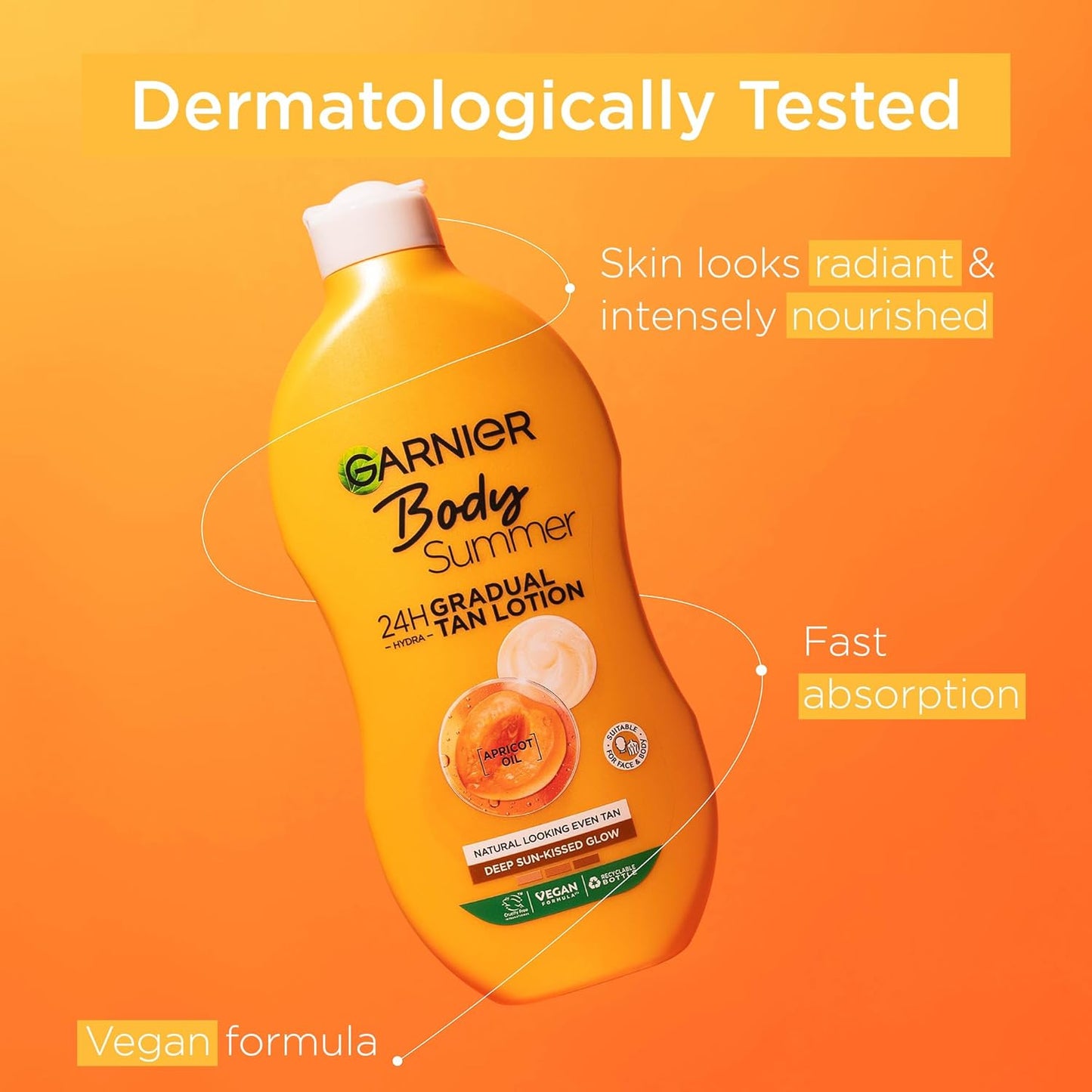Garnier Summer Body Gradual Tan Moisturiser Deep, For A Radiant Sun Kissed Glow, Suitable For Face &amp; Body, 24 Hour Hydration &amp; A Natural Even Tan, Fast Absorption, Vegan Formula, 400ml
