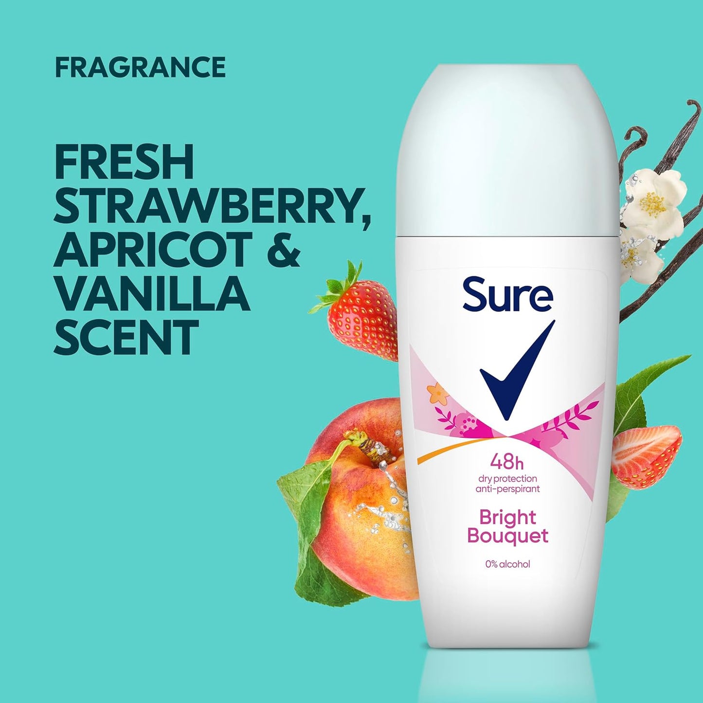 Sure Women Bright Bouquet Roll On Deodorant Antiperspirant with a strawberry, apricot &amp; vanilla fragrance and 48 hour sweat and odour protection 50 ml, Pack of 6
