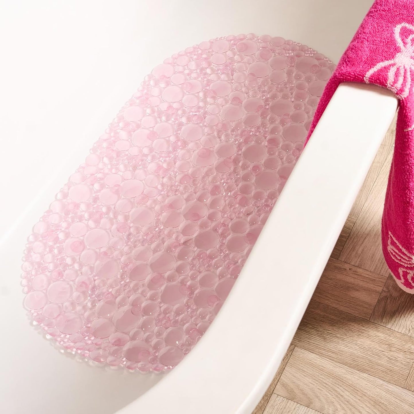 OHS Bath Mat Non Slip Anti Mould Pink, Long Shower Mat with Suction Cups Flexible Oval PVC Bathtub Mats Shower Mats for Inside Shower Bathtub Adults Elderly Kids - 70cm x 35cm
