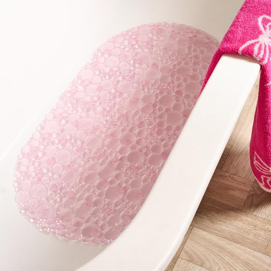 OHS Bath Mat Non Slip Anti Mould Pink, Long Shower Mat with Suction Cups Flexible Oval PVC Bathtub Mats Shower Mats for Inside Shower Bathtub Adults Elderly Kids - 70cm x 35cm