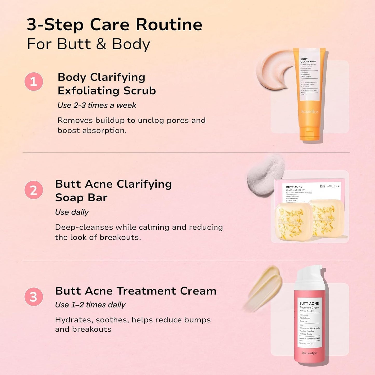 BellamiLuxx Butt Acne Clearing Treatment Cream: Body Acne Treatment Lotion for Folliculitis and Pimples on Back, Buttocks, Thighs With 2% Salicylic Acid &amp; Tea Tree Oil - Butt Cream for Smooth Skin