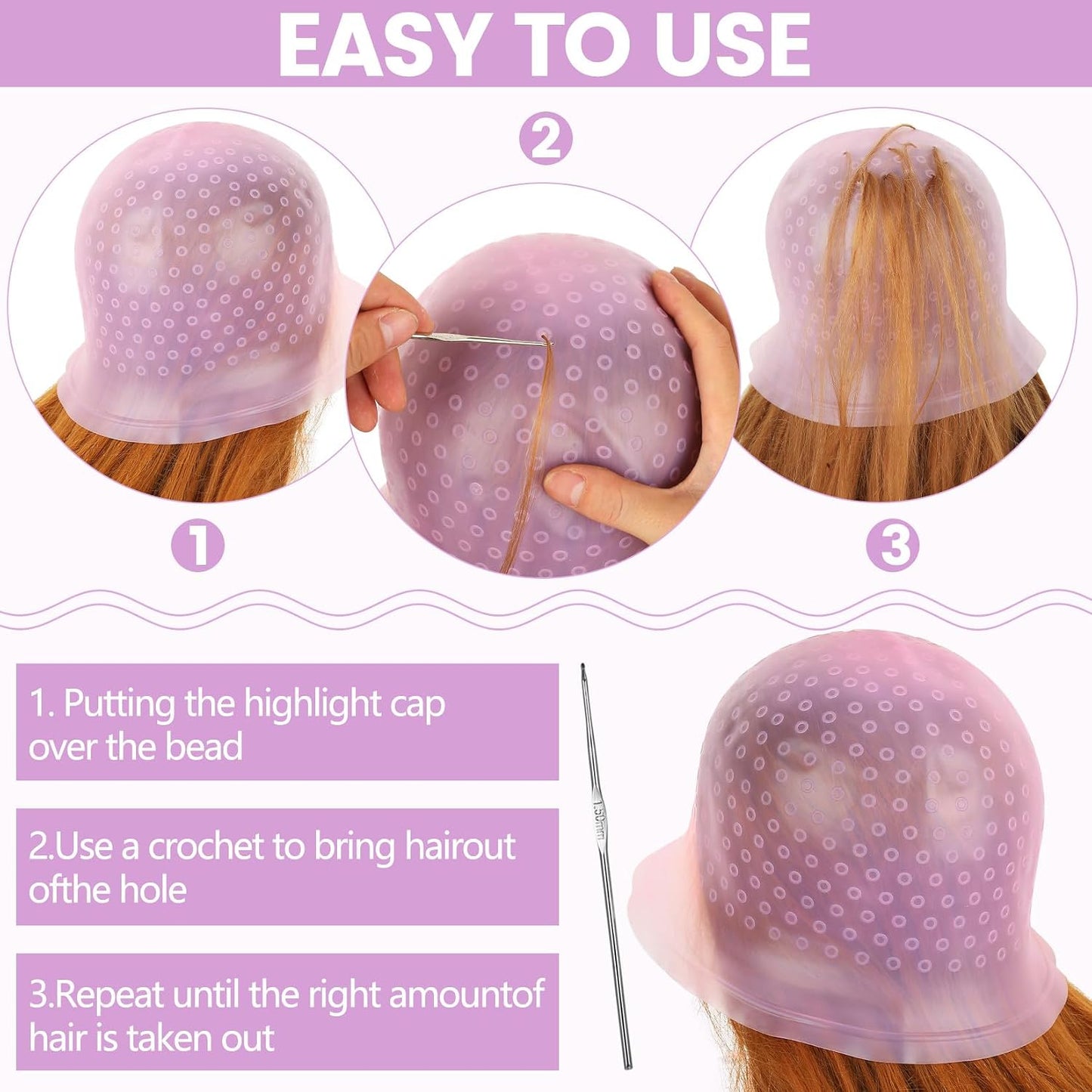 12 PcsHair Highlighting Cap and Hook Kit, Punched Hole Silicone Punch-free Hair Dye Caps, Hair Highlight Cap and Hook Kit, Professional Highlighter Caps, Inclu Hairs Clips/Palette/Ear masks, etc