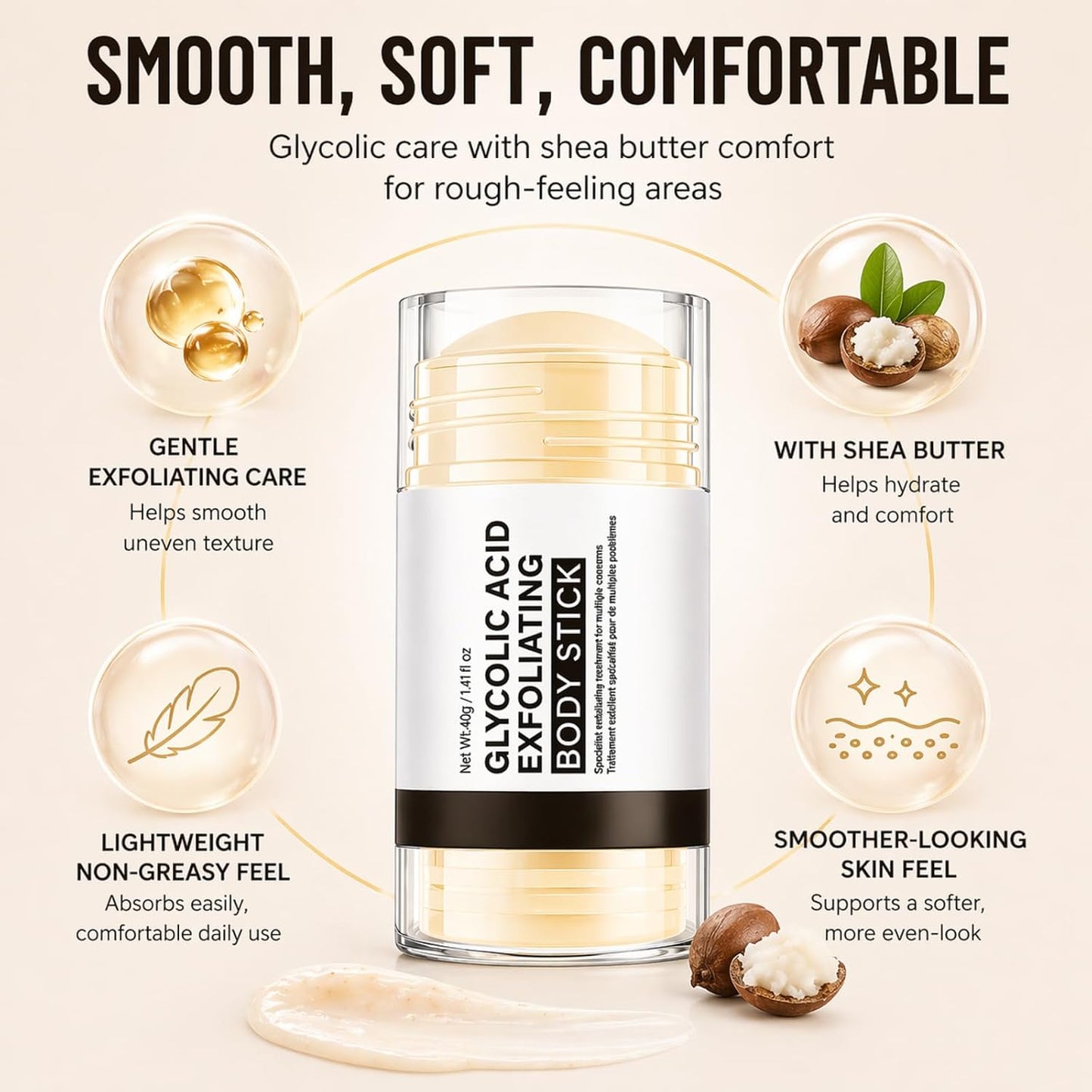 Glycolic Acid Exfoliating Body Stick, Glycolic Acid Stick, Body Exfoliator - Shea Butter Body Care Balm for Rough, Dry, Uneven Texture - Lightweight Non-Greasy Care for Underarms,Elbows, Knees 40g