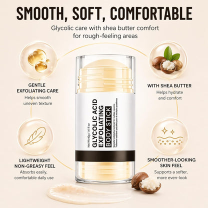 Glycolic Acid Exfoliating Body Stick, Glycolic Acid Stick, Body Exfoliator - Shea Butter Body Care Balm for Rough, Dry, Uneven Texture - Lightweight Non-Greasy Care for Underarms,Elbows, Knees 40g