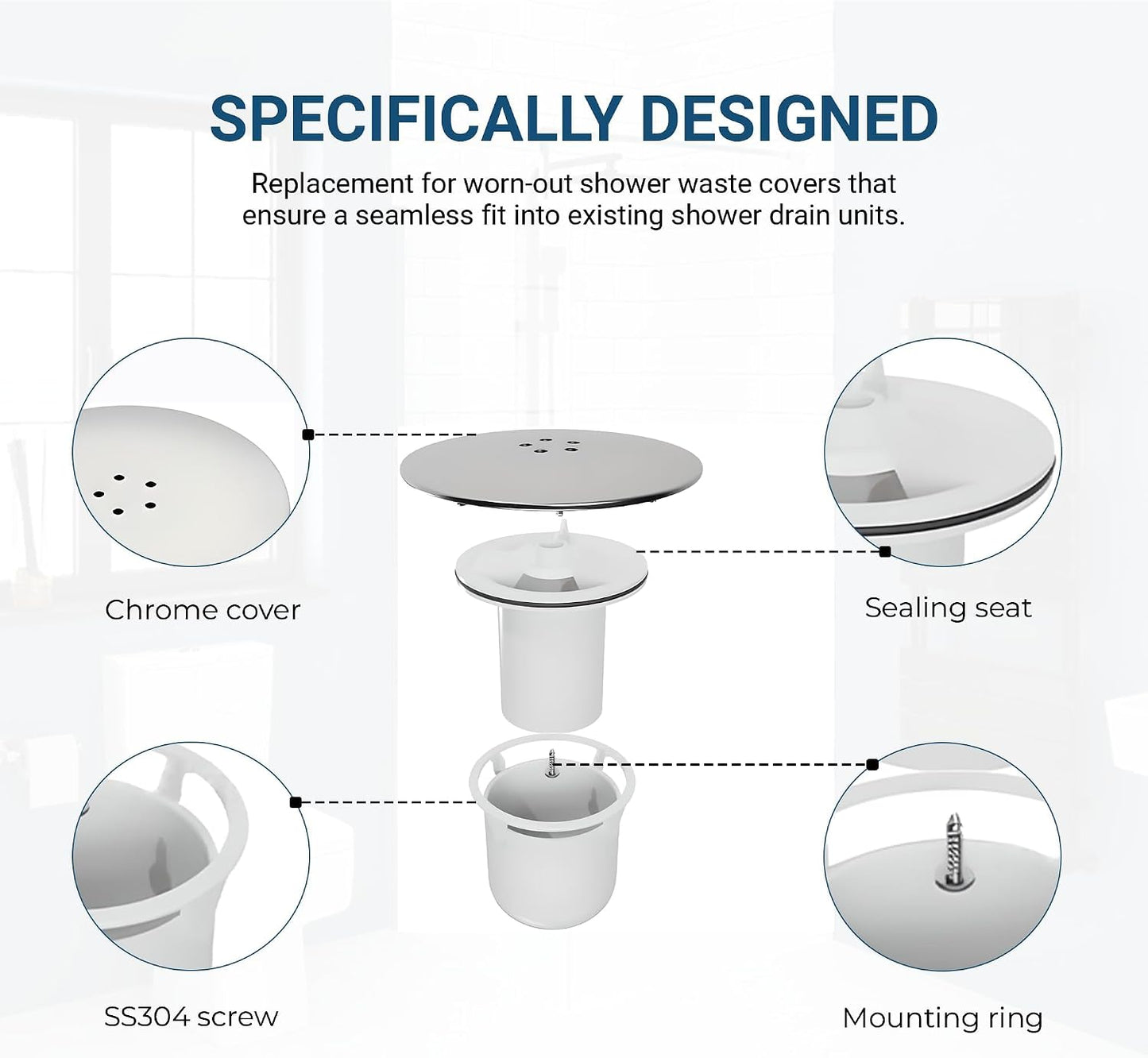 Shower Drain Cover 90mm/115mm | Fast Flow Chrome Waste Trap Replacement With Removable Hair Catcher | Shower Plughole Cover Insert For Shower Trays