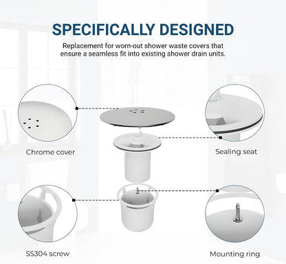 Shower Drain Cover 90mm/115mm | Fast Flow Chrome Waste Trap Replacement With Removable Hair Catcher | Shower Plughole Cover Insert For Shower Trays