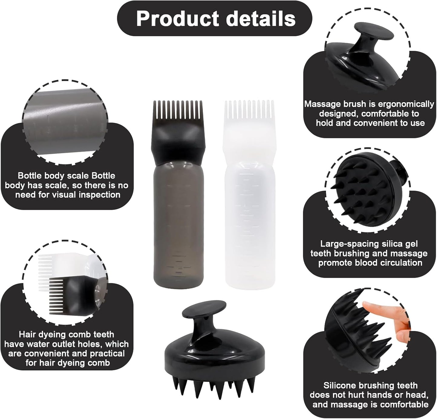 2Pcs Root Comb Applicator Bottle, Plastic Hair Dye Oil Applying Applicator, Scalp Massager Shampoo Brush