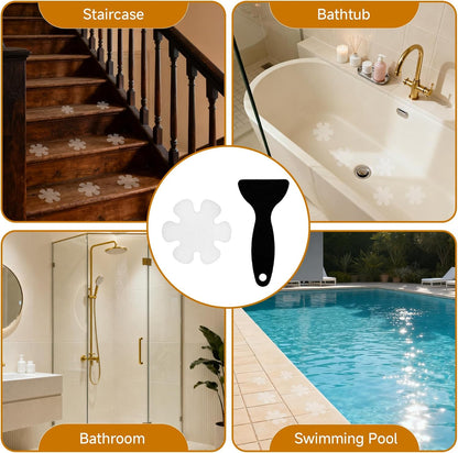 Non Slip Shower Stickers 12 Pcs, Anti Slip Flower Shape Bath Stickers Transparent Self-Adhesive Bathtub Stickers with Scraper Clear Anti Skid Tape for Floor Stairs Bath Shower Sliding Surfaces