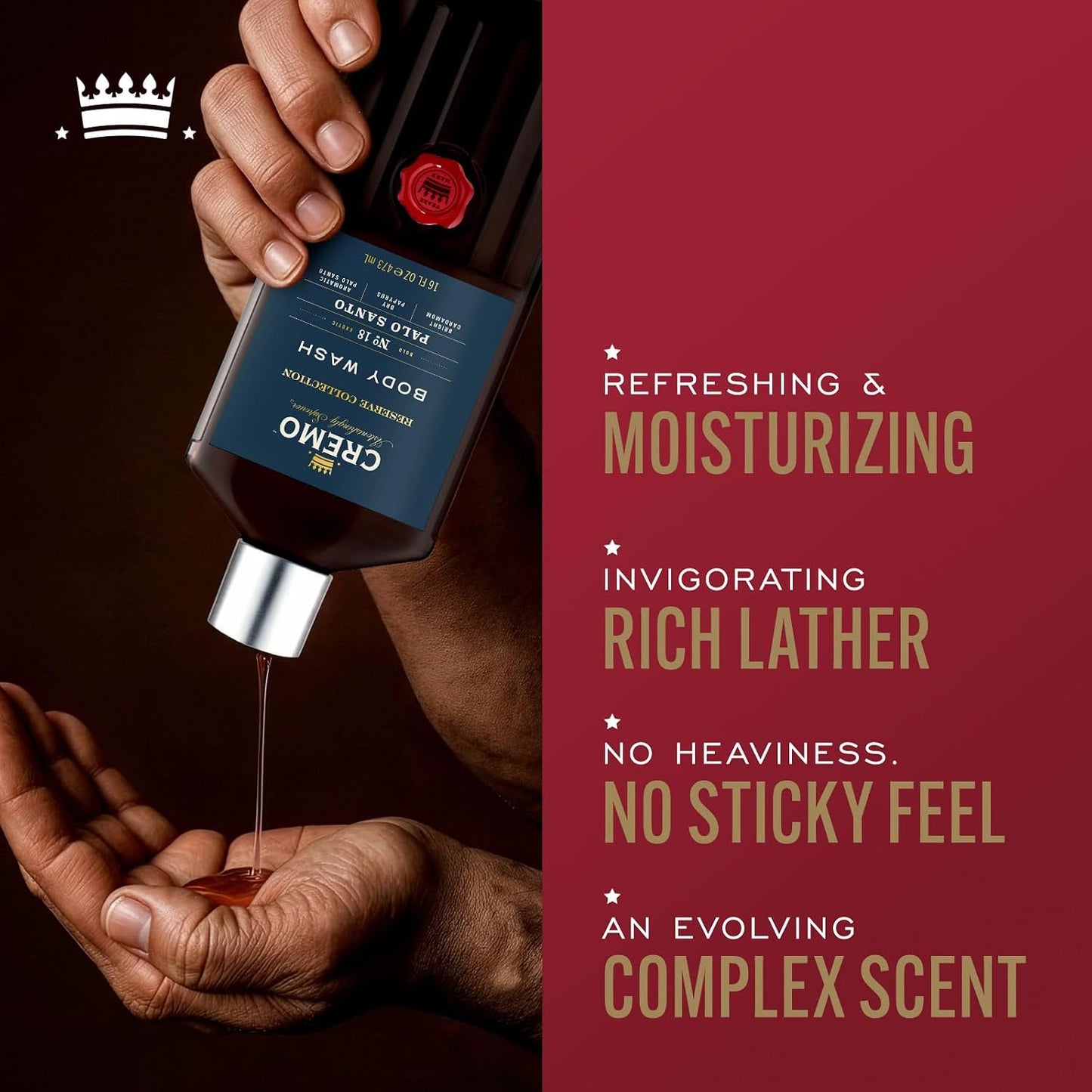 Cremo Reserve Collection Body Wash, Men's Shower Gel for Body Skin Care, Palo Santo Luxury Fragrance, 473 ml