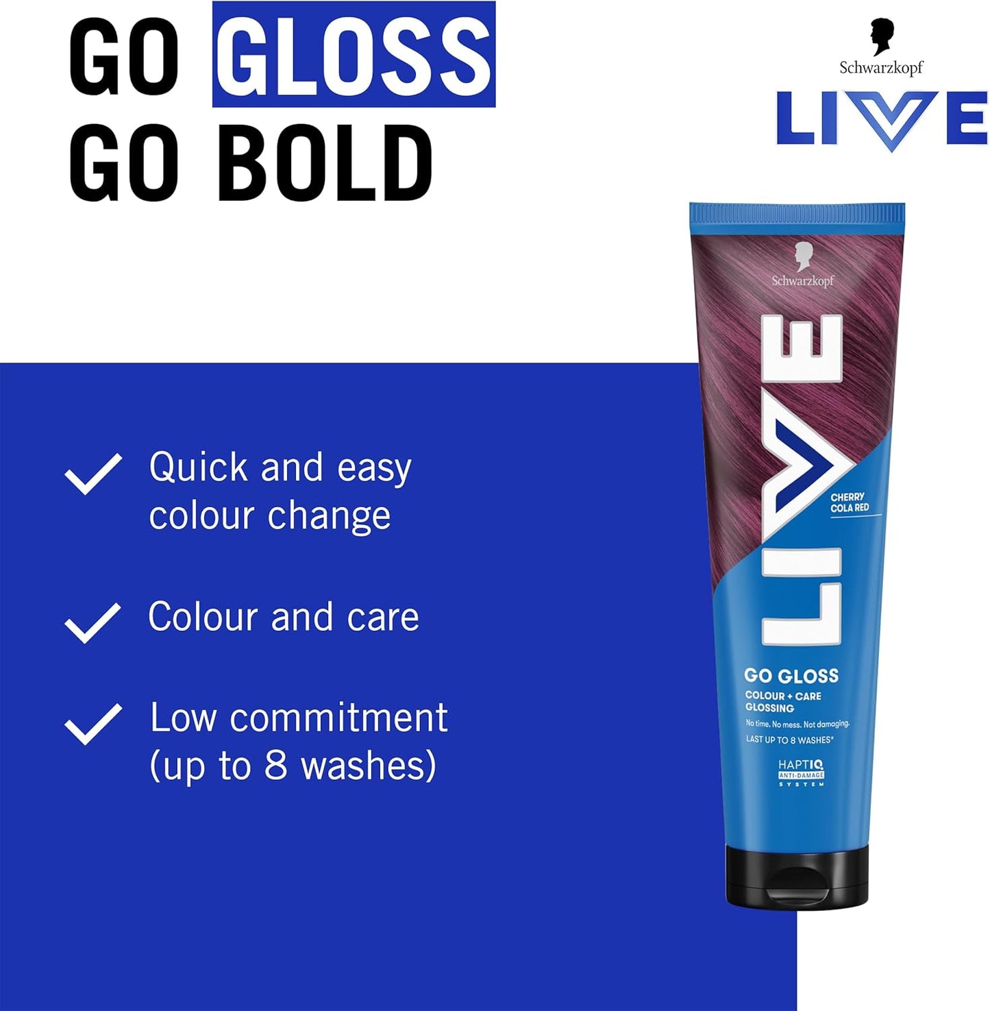 Schwarzkopf LIVE Go Gloss Cherry Cola Red, Colour &amp; Care Hair Glossing for Instant Glossy Hair, with HaptiQ Anti-Damage System, Up to 8 Washes