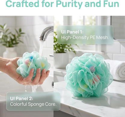 2 Pcs Colorful Bath Loofah Sponges, Soft Mesh Body Scrubber for Gentle Exfoliation, Durable Shower Accessories for Women, Men, and Kids (Green and White)