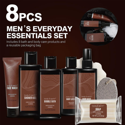 Bath and Body Gift Baskets for Men Body &amp; Earth Sandalwood Mens Bath Set with Body Lotion, Face Wash, Shower Gel, Bubble Bath, Loofah &amp; More, Gift Set for Men,Fathers Day Valentine Gifts Christmas
