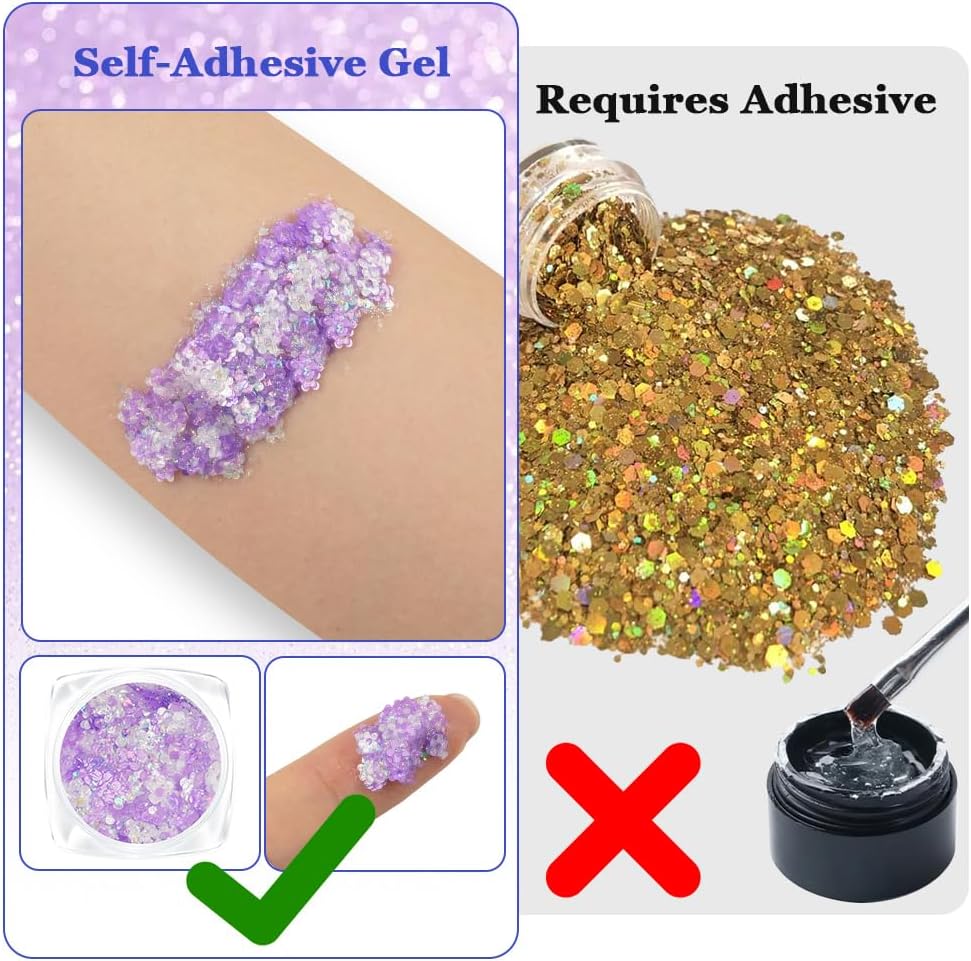 AOOWU Body and Face Glitter Makeup Gel, 6 Colors Cosmetic Reflective Chunky Glitter, Festival Hair Glitters, Body Gel Sequins Shimmer Liquid Eyeshadow, Mermaid Sequins Holographic Glitters Gels