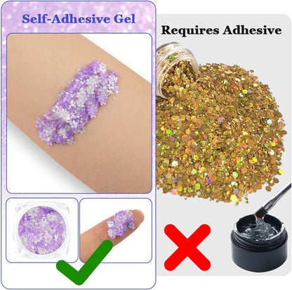 AOOWU Body and Face Glitter Makeup Gel, 6 Colors Cosmetic Reflective Chunky Glitter, Festival Hair Glitters, Body Gel Sequins Shimmer Liquid Eyeshadow, Mermaid Sequins Holographic Glitters Gels