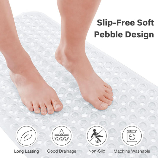 Smiry Non Slip Bath Mat, 100x40cm Extra Long Soft Bathtub Mat with 300 Strong Suction Cups &amp; Drain Holes, Machine Washable Skin-Safe Bathroom Shower Mat, Clear