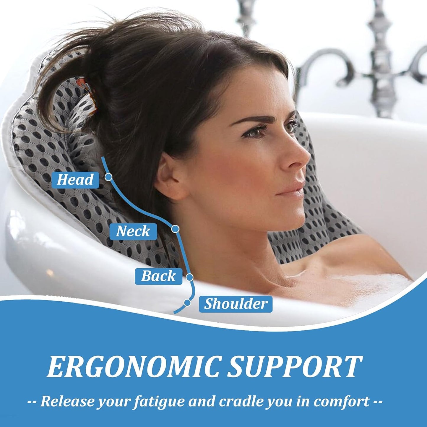 Bath Pillow, 4D Air Mesh Technology Ergonomic Bath Pillow, Luxury Head &amp; Neck &amp; Back Support Bath Cushion with 6 Powerful Suction Cup Fits All Bathtubs &amp; Hot Tub &amp; Home Spa (Grey)