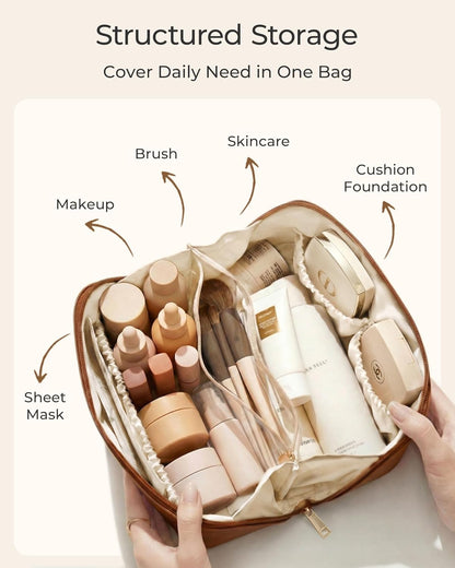 BAGSMART Travel Makeup Bag, Flat Lay Make Up Case, PU Leather Waterpoof Cosmetic Organiser with Clear Pocket for Brushes, Small Toiletry Bag with Handle, Essential for Women, Camel
