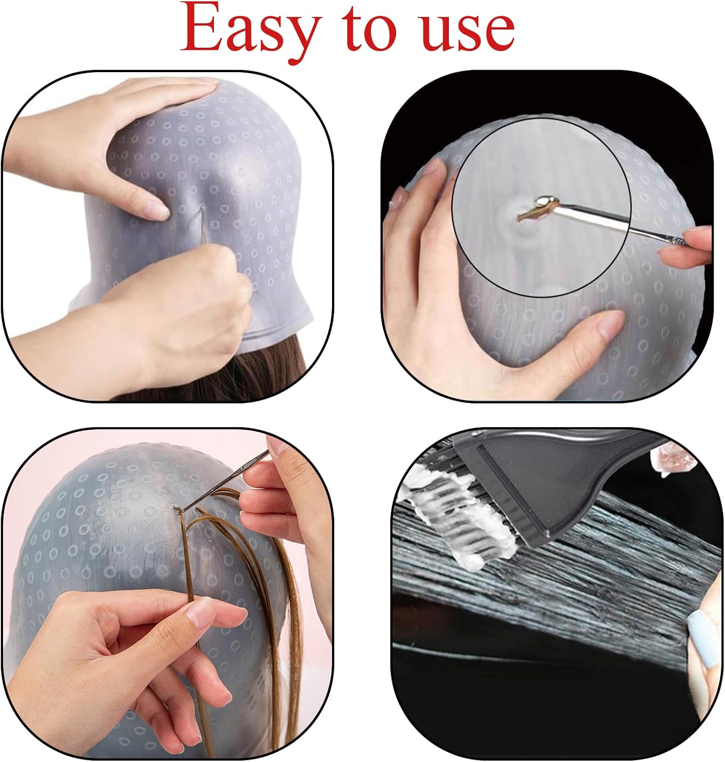 6 Pcs Silicone Highlight Cap Kit Highlight Caps with Coloring Hair Hook Hair Dye Cap Kit highlight cap and hook kit with Hair Coloring Brushes and Needle highlighting cap highlighting kit