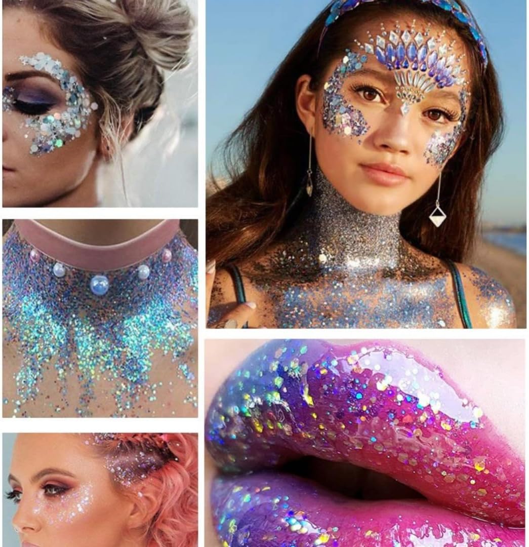 Blue Body Glitter Gel, 50ml Hair Glitters, Face Sequins Shimmer Liquid Eyeshadow, Mermaid Sequins Festival Glitter Chunky Glitters for Eye Hair Lip Nail DIY Art Party (Blue)