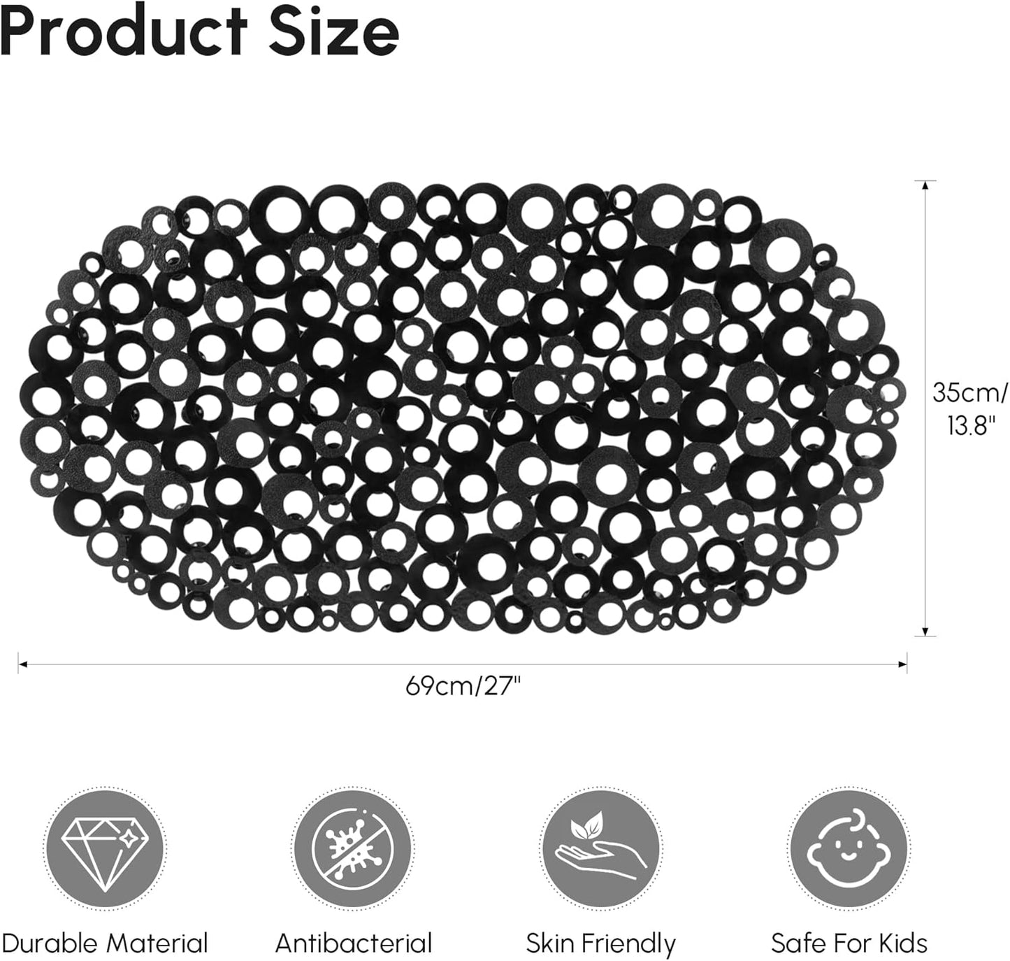 WELTRXE Bath Mat Non Slip Anti Mould, 69x35cm Oval Black PVC Bathtub Mat, Ring Pattern Shower Mat for Inside Bath, Non Slip Bath Tub Mat with Suction Cups, Quick Drain, Machine Washable