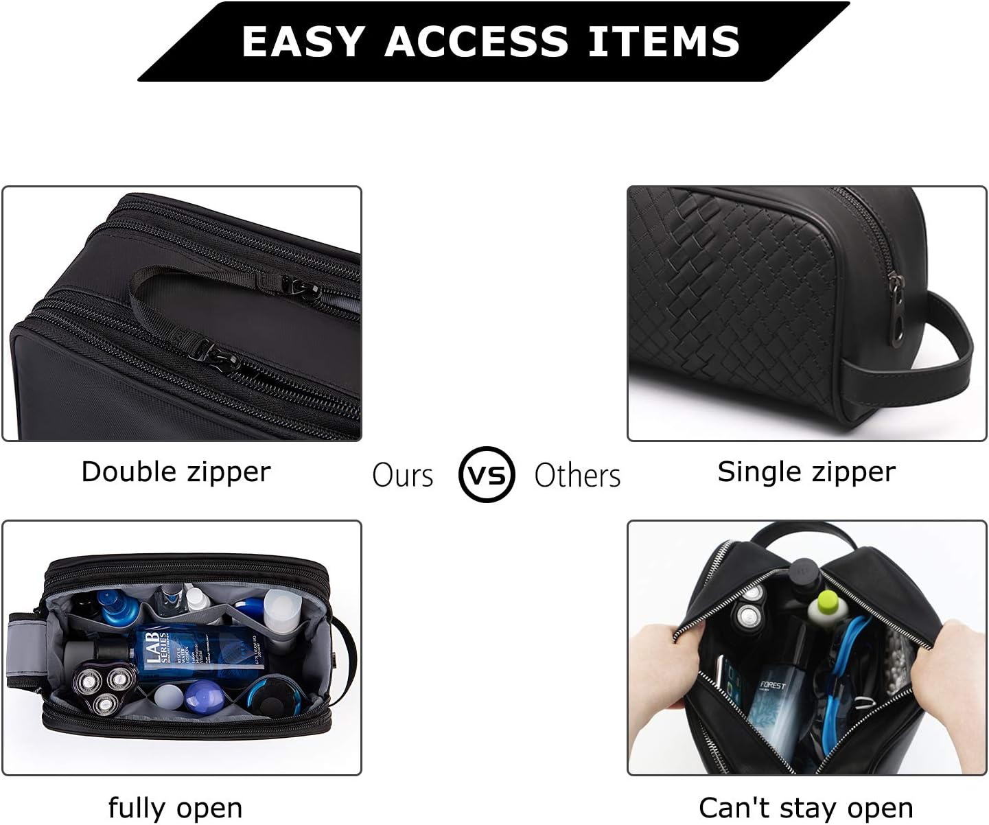 BAGSMART Mens Wash Bag Travel Toiletry Bag Makeup Shower Shaving Organiser for Bathroom Camping Gym - Water Resistant &amp; Wet Dry Seperate, Black