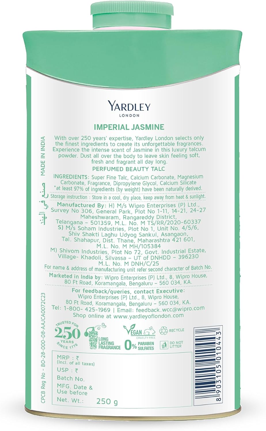 Yardley London Jasmine Perfumed Talcum Powder - 250 g. 8.8 oz, Deodorizing Talc