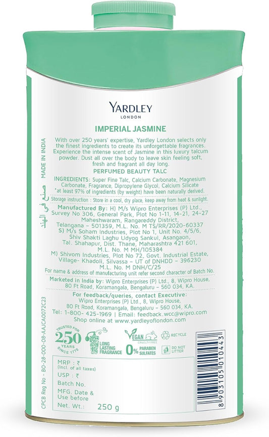 Yardley London Jasmine Perfumed Talcum Powder - 250 g. 8.8 oz, Deodorizing Talc