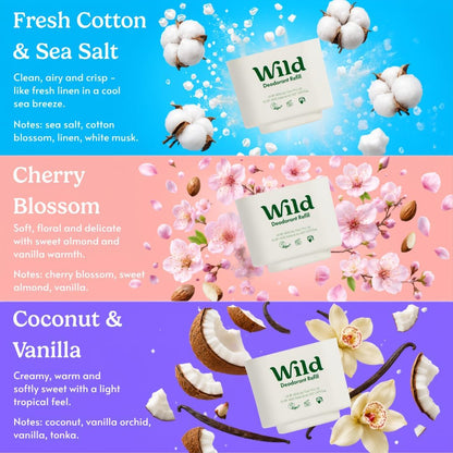 Wild Aluminium Free Natural Deodorant Starter Kit - Refillable Purple Case - Natural Ingredients &amp; 24 Hour Odour Protection - Women's - Fresh Scents Variety Pack - Case + 3 Refills