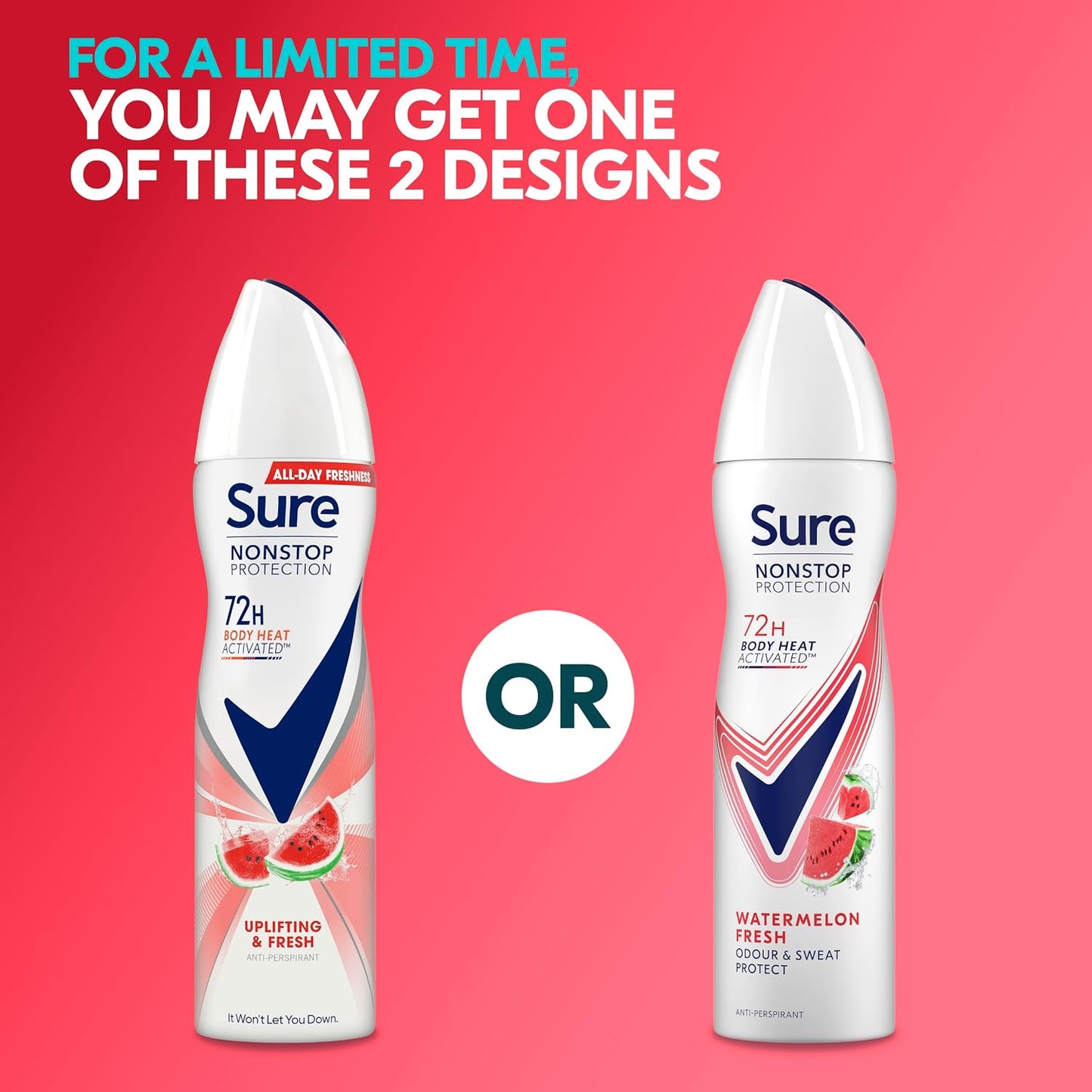 Sure Nonstop Protection Watermelon Fresh Anti-Perspirant Aerosol Women's Deodorant Spray with Body Heat Activated tech. and a watermelon &amp; cactus scent for 72 hour odour and sweat protection 150 ml