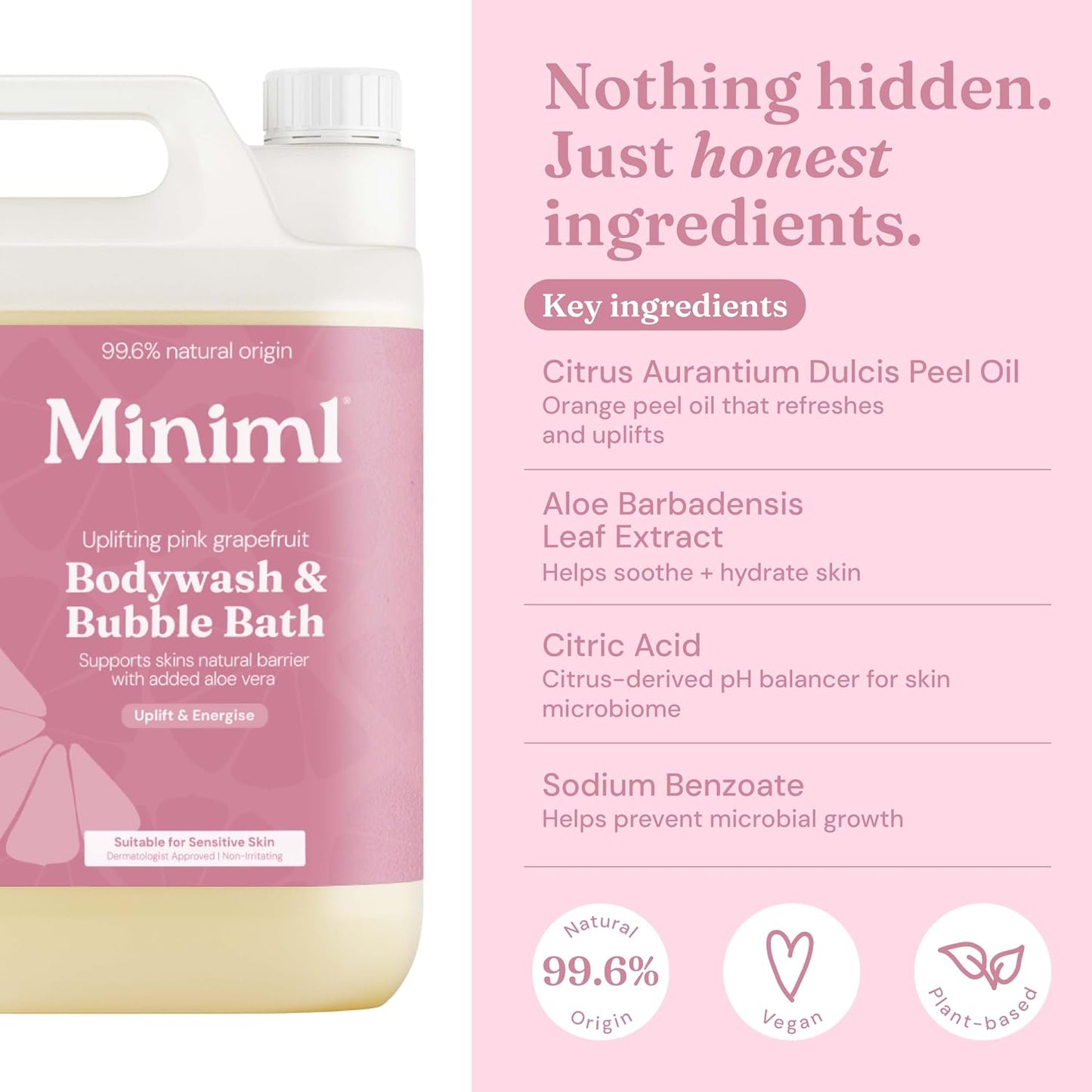Miniml All Natural Body Wash and Bubble Bath - 5L Refill Moisturising Pink Grapefruit and Aloe Vera Sensitive Skin Eco Shower Gel Bath Soak - Vegan Friendly Hand, Face &amp; Body High Foam Scrub