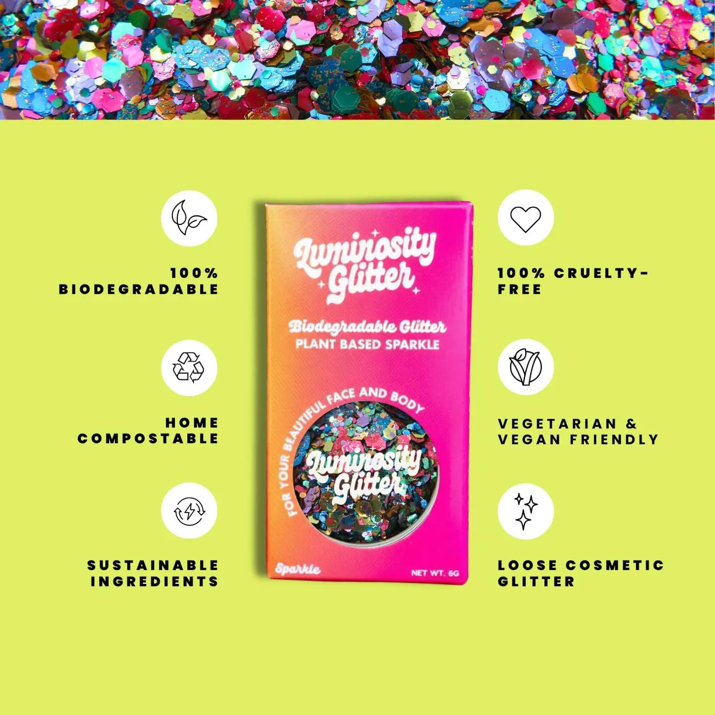 Rainbow Smash Biodegradable Glitter – Eco Friendly Festival Face &amp; Body Glitter | Vegan, Plant-Based, Pride Makeup | 6g Pot of Cosmetic Chunky Eco Glitter