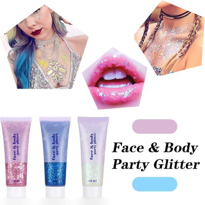 3Pcs Body Glitter Gel Kit, 50ml Mermaid Sequins Chunky Glitter Liquid Gel for Face, Body, Eye, Hair, Nail DIY Art Festival Party Makeup Decoration