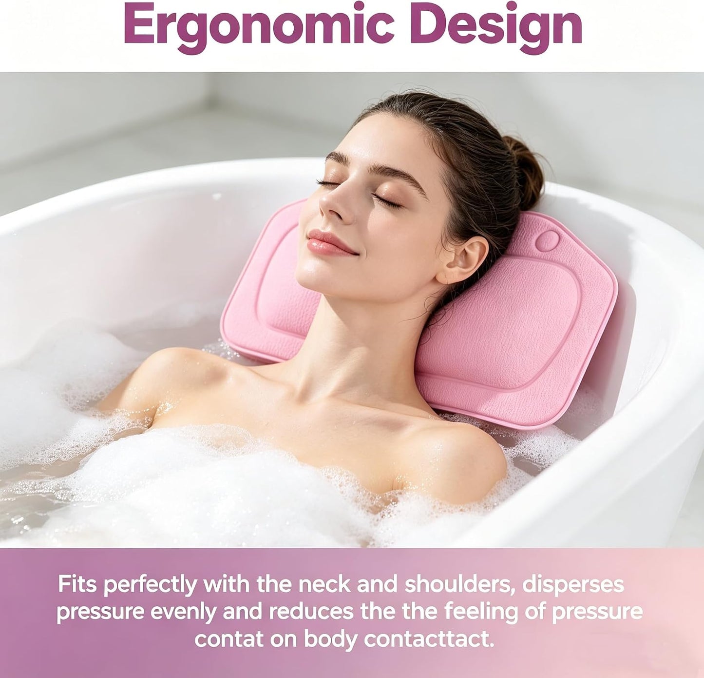 Bath Pillows for Head and Neck, Foam Padded Super Soft Bathtub Pillow, PVC Material Ergonomic Bath Cushion with Suction Cups for Back Shoulder Support (Pink)