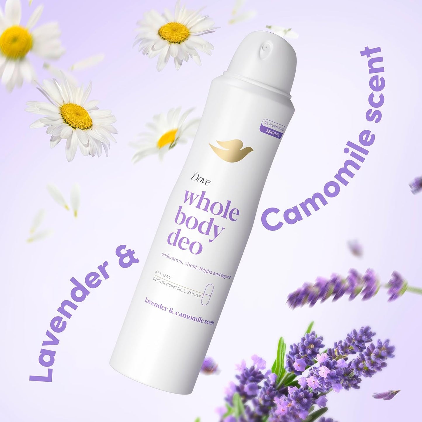Dove Lavender &amp; Camomile Whole Body Deodorant Spray 0% aluminium deodorant for all-day odour control 150 ml