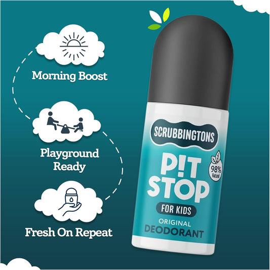 Scrubbingtons Pit Stop Kids Deodorant Natural Roll On For Children, Teens. Made in UK, 98% Natural Ingredients For Sensitive Skin. Paediatrician approved, Aluminium &amp; Alcohol Free, Original, 75ml