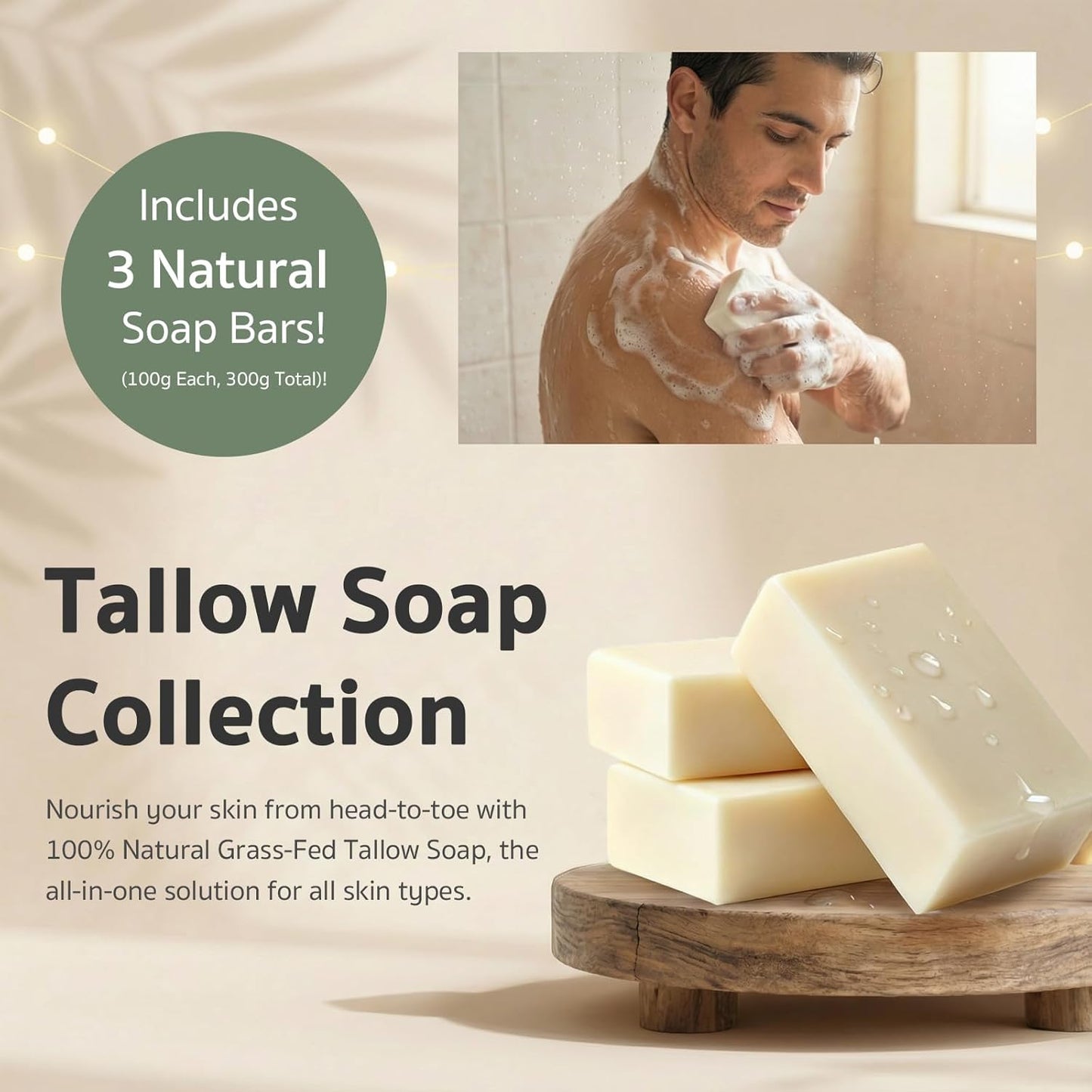 Tallow Soap 3 x 100G Multipack – Natural Soap for Skin, Body, Hair &amp; Shaving – Nourishing, Moisturising &amp; Natural – 100% Toxin-Free