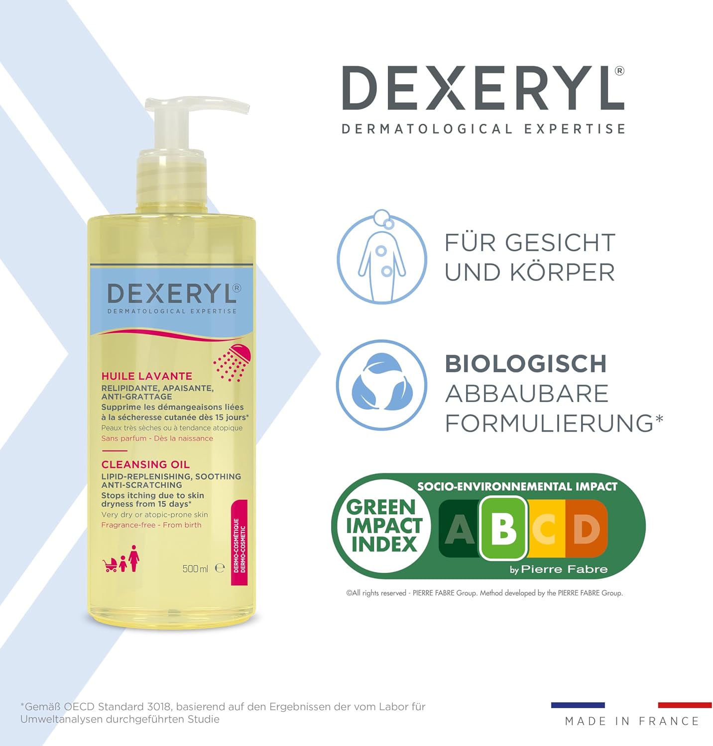 DEXERYL Cleansing Oil: for daily cleansing of body and face, for dry and eczema prone skin, 1 x 500 ml